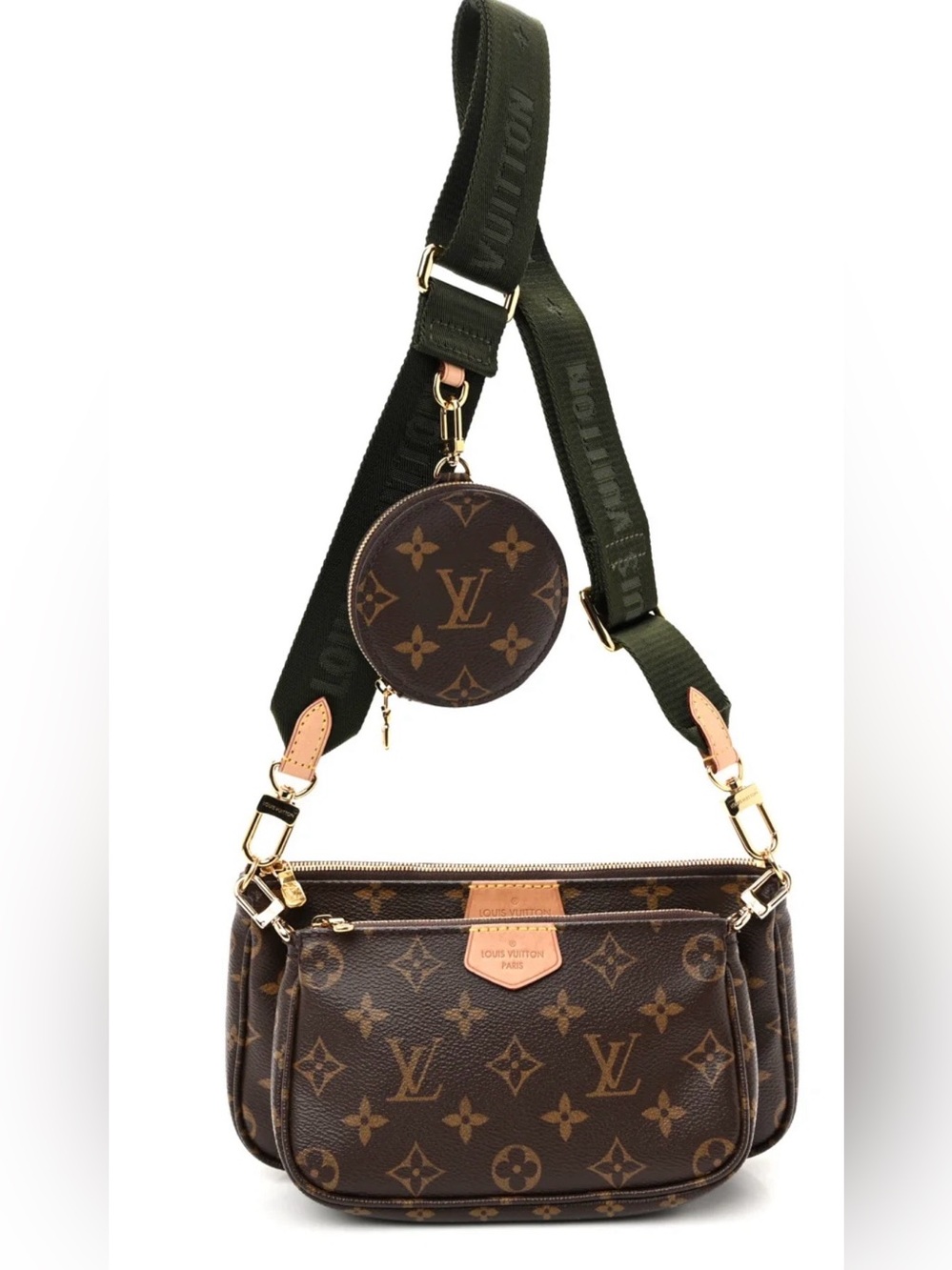 Louis Vuitton Trio Monogram Crossbody with Olive Webbing Strap and Coin Pouch